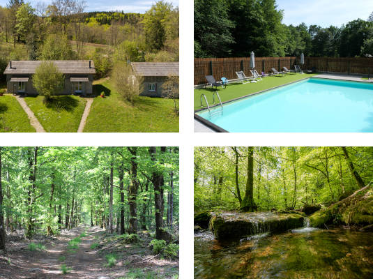 Montage photos de gîtes, de la piscine et de la forêt privée du Domaine.