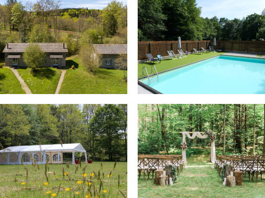 Montage photos de gîtes, de la piscine, du barnum et d'un lieu de cérémonie en lisière de forêt.