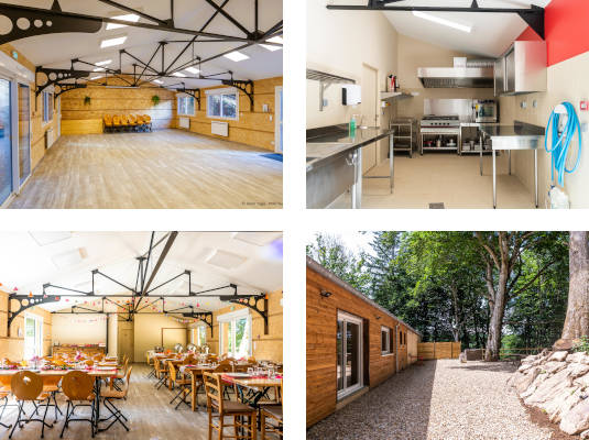 Montage photos de la salle : intérieur vide, cuisine, intérieur aménagé pour un repas et terrasse extérieure.