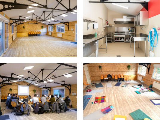 Montage photos de la salle : intérieur vide, cuisine, réunion professionnelle et stage de yoga.